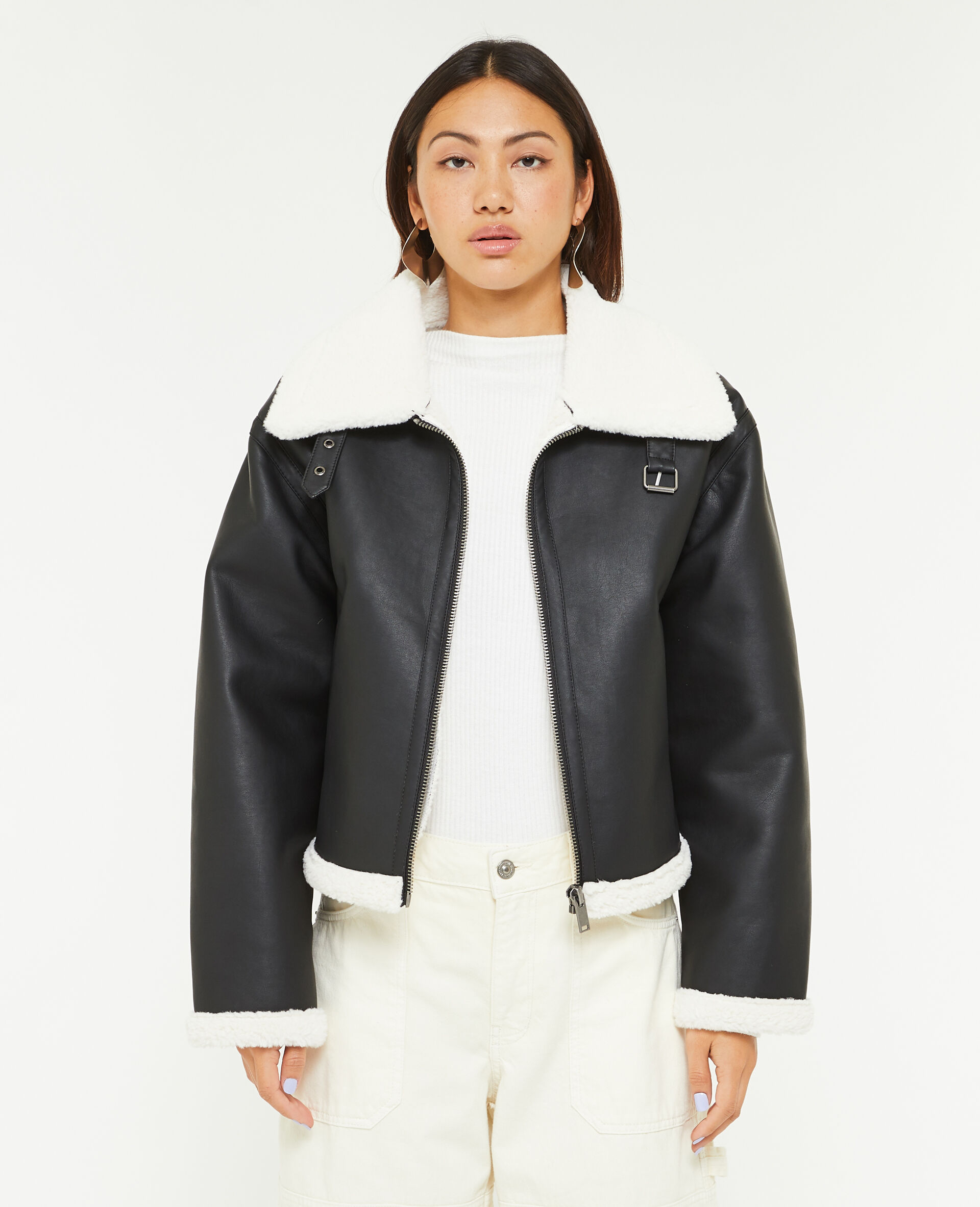 Blouson façon bombardier en simili cuir - Noir
