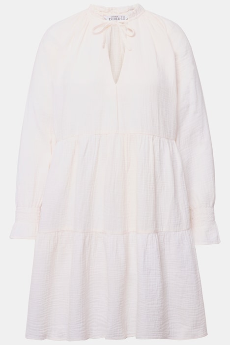 Musselin-Minikleid, A-Line, Rüschen-Ausschnitt, Langarm