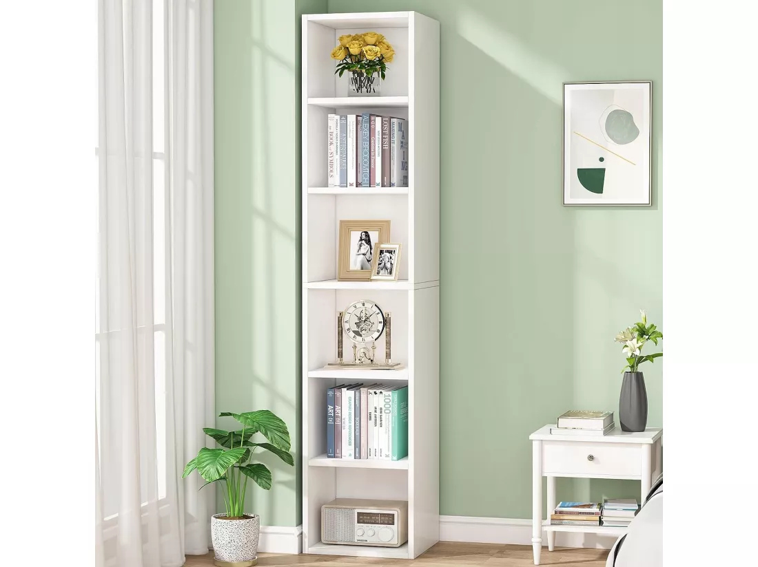 Tribesigns Bibliothèque étroite de 180 cm de Haut - Moderne - Blanc - avec Espace de Rangement - 6 étagères cubiques - pour la Maison et Le Bureau