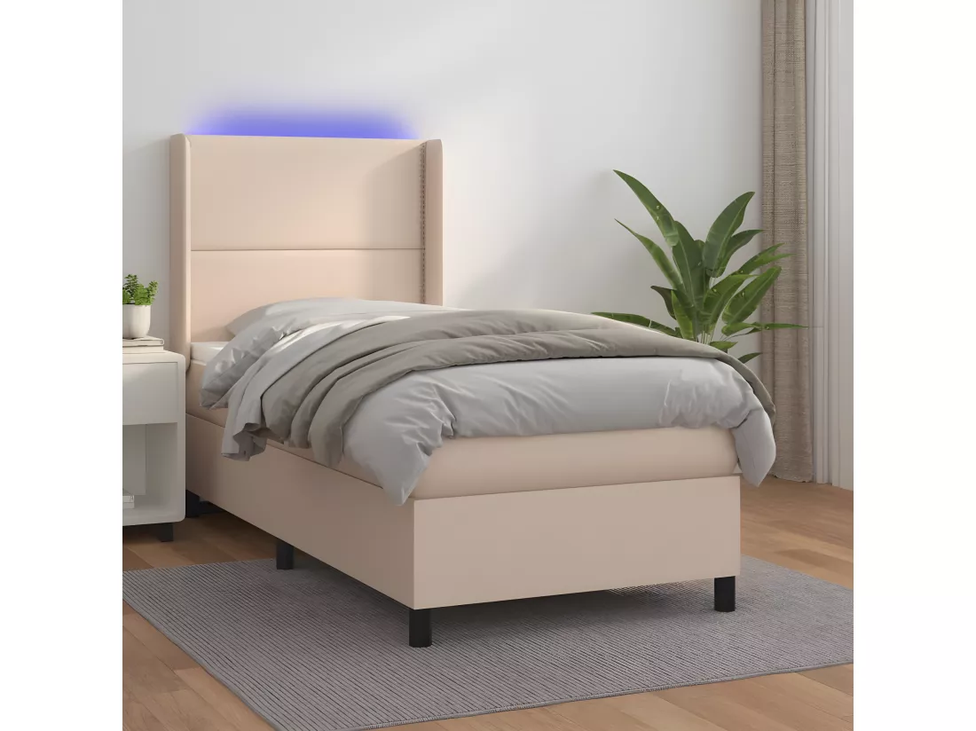 Sommier tapissier matelas et LED Cappuccino 90x200cm Similicuir