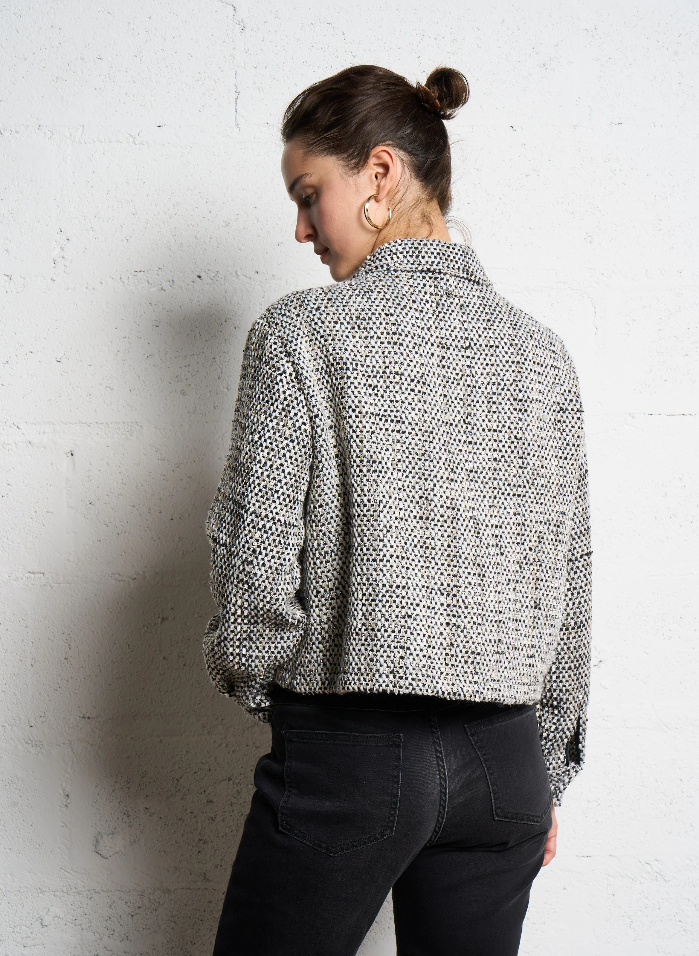 Veste col classique droite en tweed | Blanc