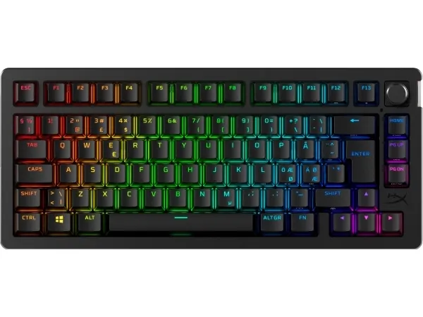 HyperX Alloy Rise - Tastatur - 1000 Hz pollingfrekvens, 100% anti-ghosting, 80 millioner tastetryk - 75% - bagbelyst - trådløs - 2.4 GHz, Bluetooth, USB-C - tastkontakt: HyperX Linear - sort