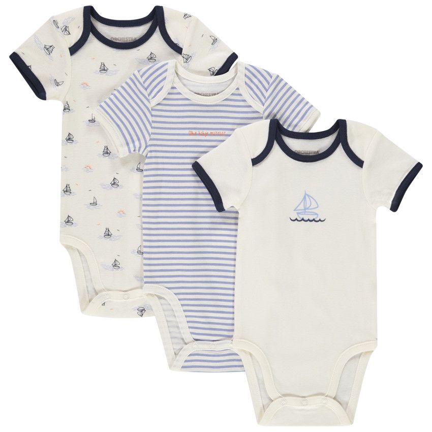 Lot de 3 bodies manches courtes motifs Voiliers pour bébé garçon - Ecru