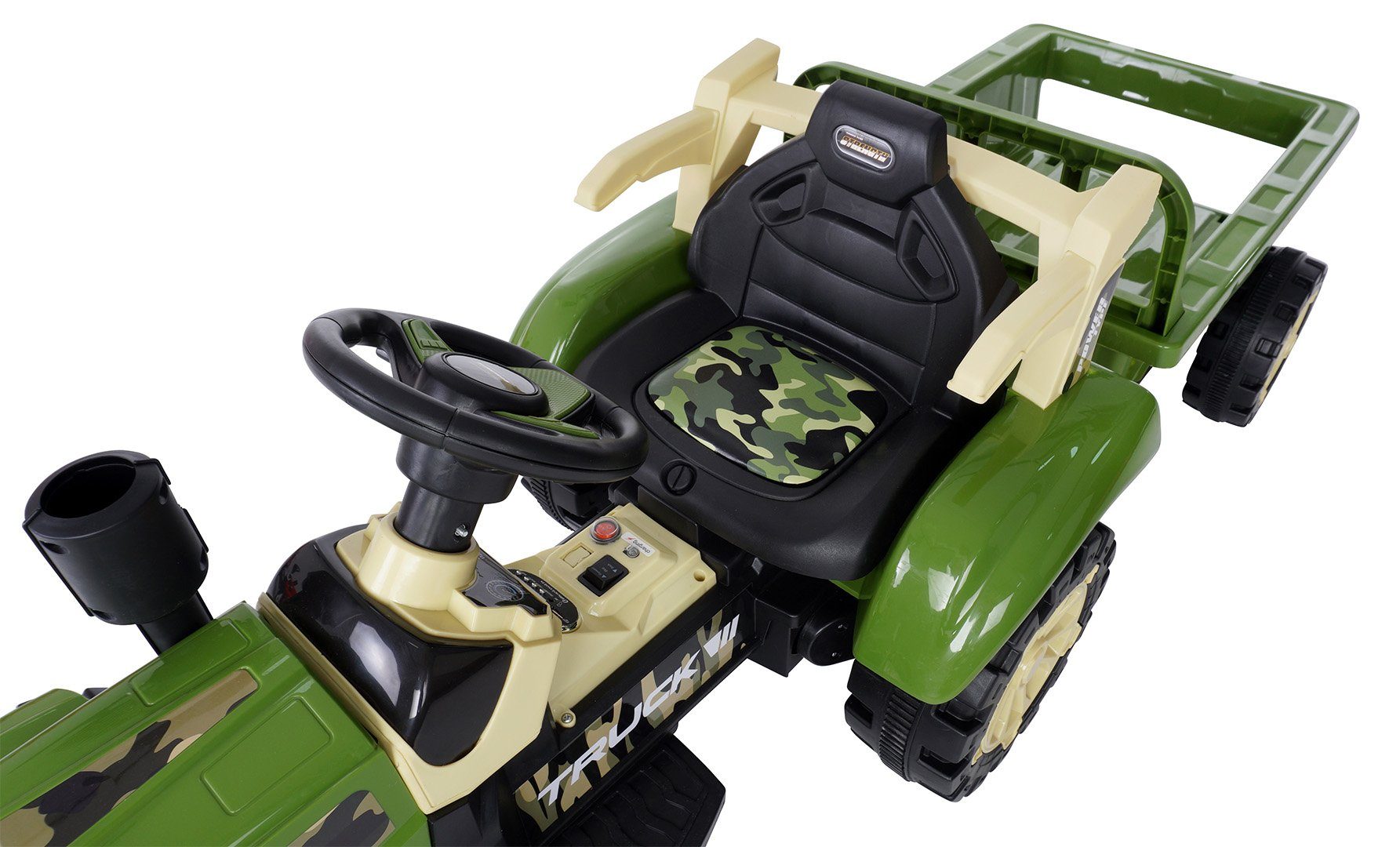 Trator elétrico infantil Actionbikes Motors com reboque, controle remoto incluso, capacidade de carga de 30 kg (2 partes), carga útil de 30 kg - freio automático - 2 motores de 6 V - a partir de 3 anos