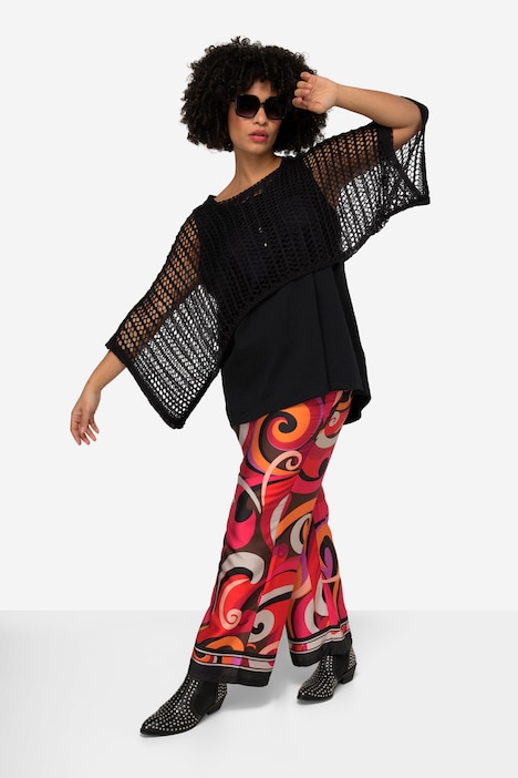Poncho, oversized, Netz-Strick, U-Boot-Ausschnitt, Langarm