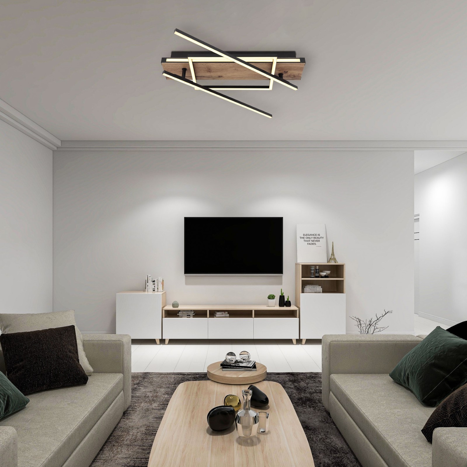 LED-Deckenleuchte - schwarz-holzfarben - Memoryfunktion - 120 cm