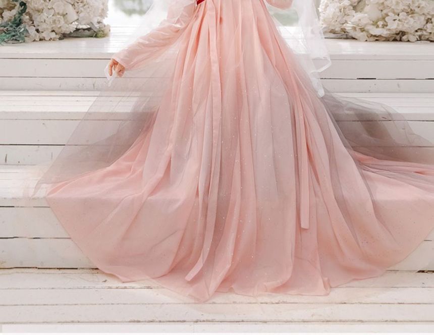 Francoix - Set: Hanfu-top met lange mouwen + maxi-A-lijn rok met geborduurde bloemen