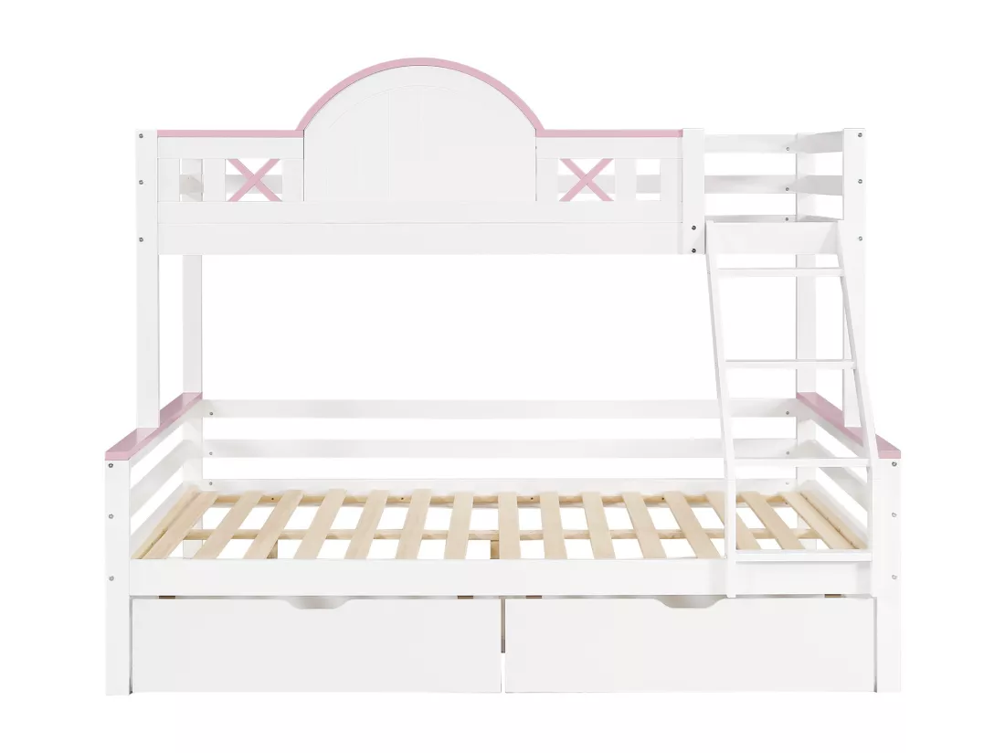 Lit superposé 90x200cm,140x200cm, Lit d'enfant, avec barrière de sécurité de couleur contrastée, Deux tiroirs,Blanc+Rose,Sans matelas