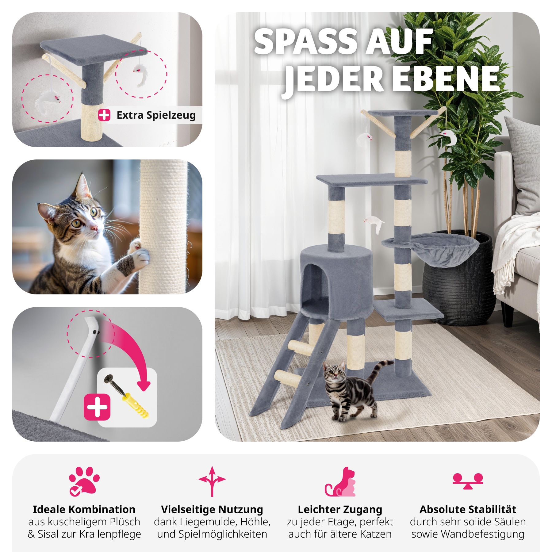 tectake® Kratzbaum, 144 cm, mit Katzenhaus, inklusive Treppe, 3 Spielmäusen und Kippschutz