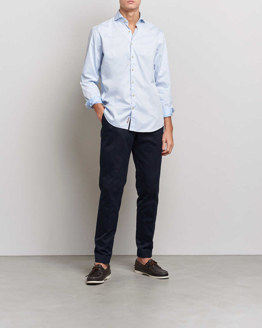 Stenströms Fitted Body Washed Cotton Plain Shirt Light Blue