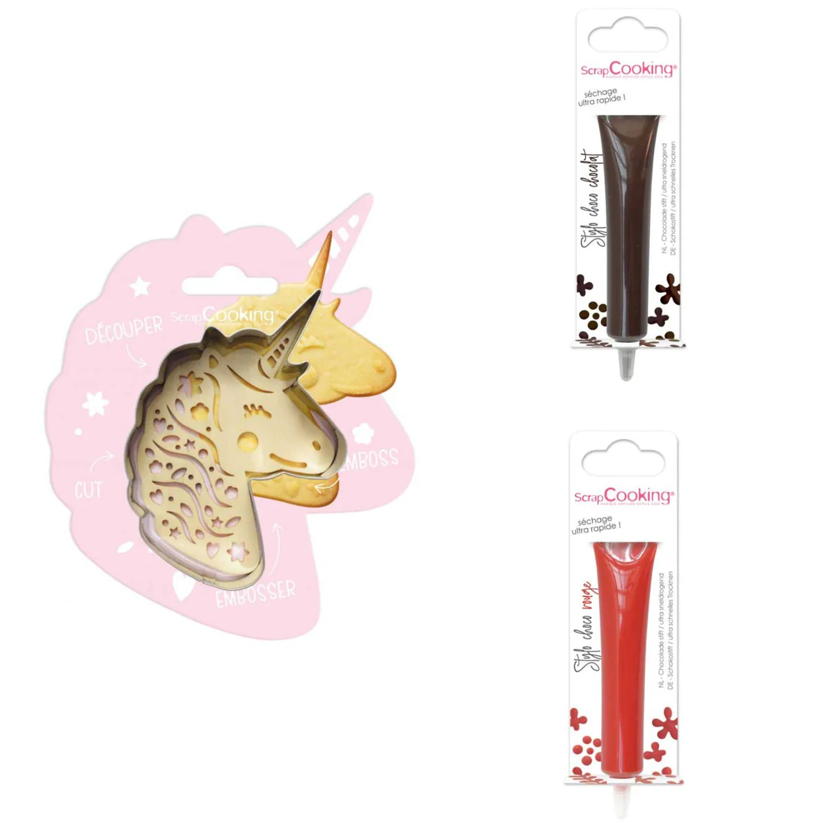 Kit pour biscuit en relief Licorne + 2 Stylos au chocolat marron et ro