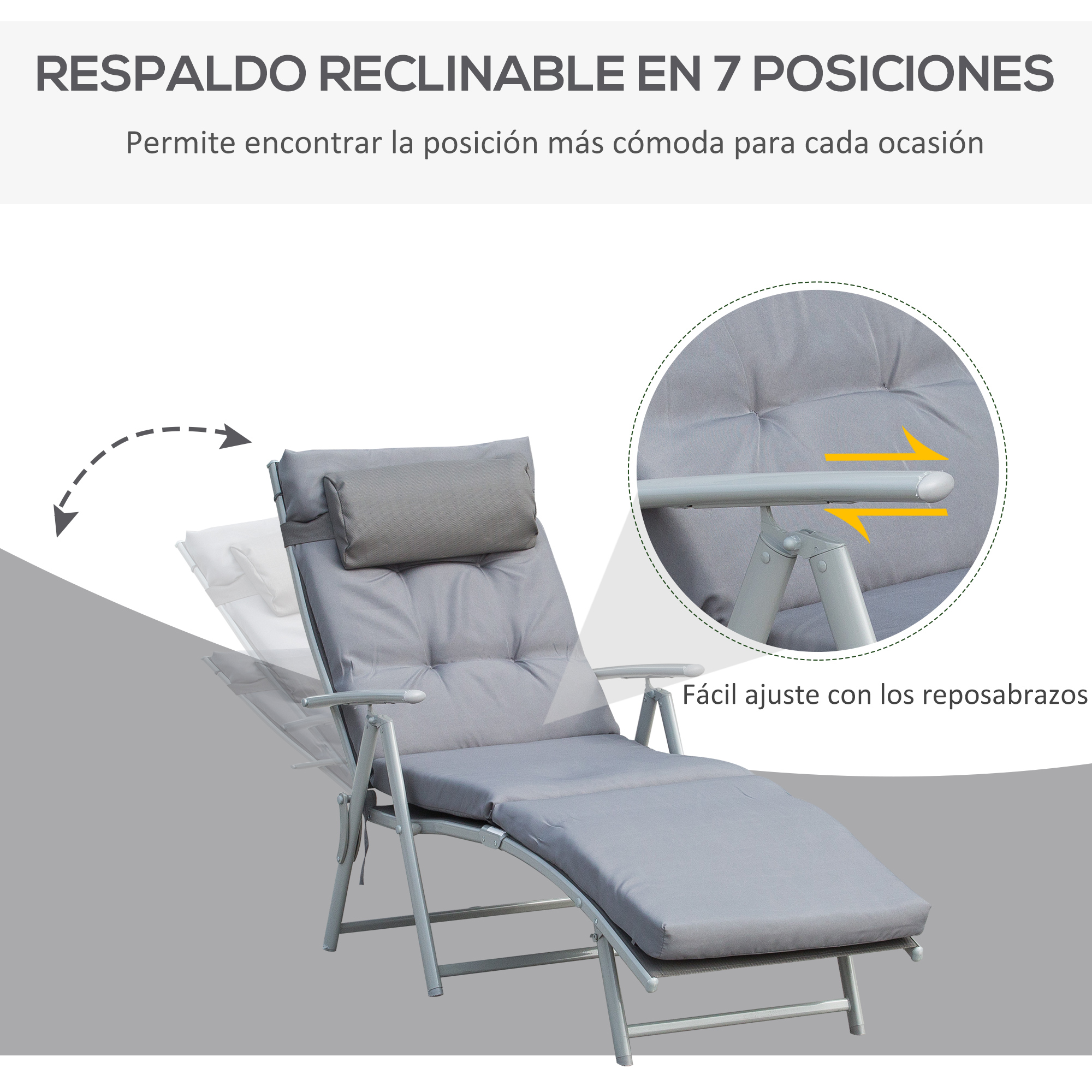 Espreguiçadeira dobrável Outsunny para jardim, com encosto ajustável em 7 posições, almofada para corpo inteiro e cabeça, ideal para pátio e piscina, suporta até 165 kg, dimensões 137 x 63,5 x 100,5 cm, cor cinza.