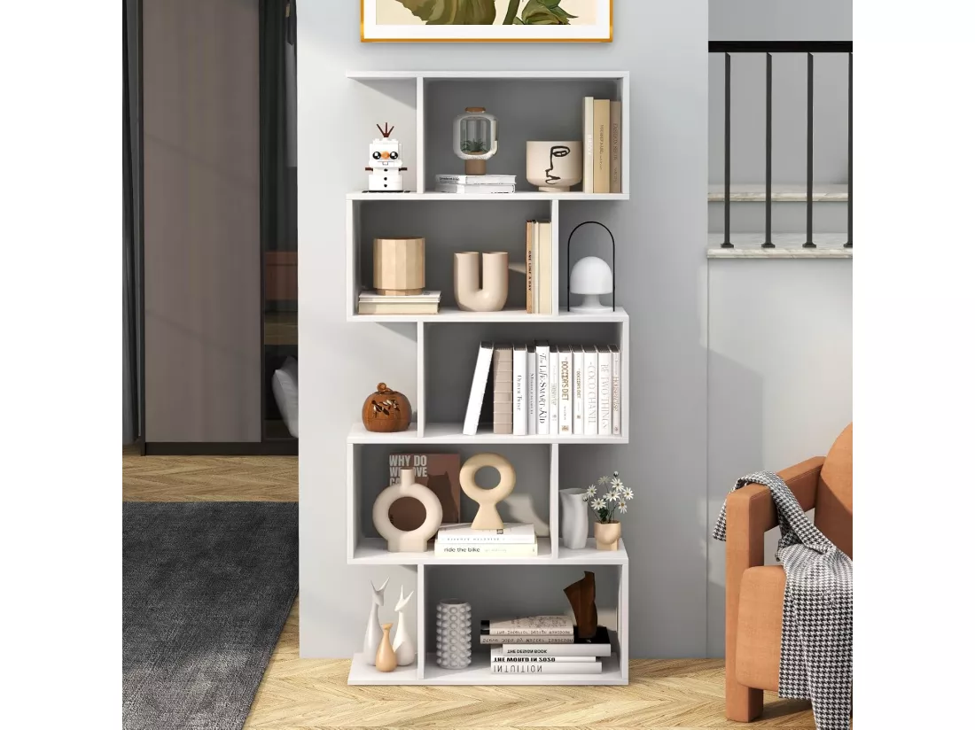Bibliothèque en Forme de S, Étagère à 5 Niveaux, Meuble de Rangement avec Anti-basculement, 70 x 23,5 x 158 cm, Blanc