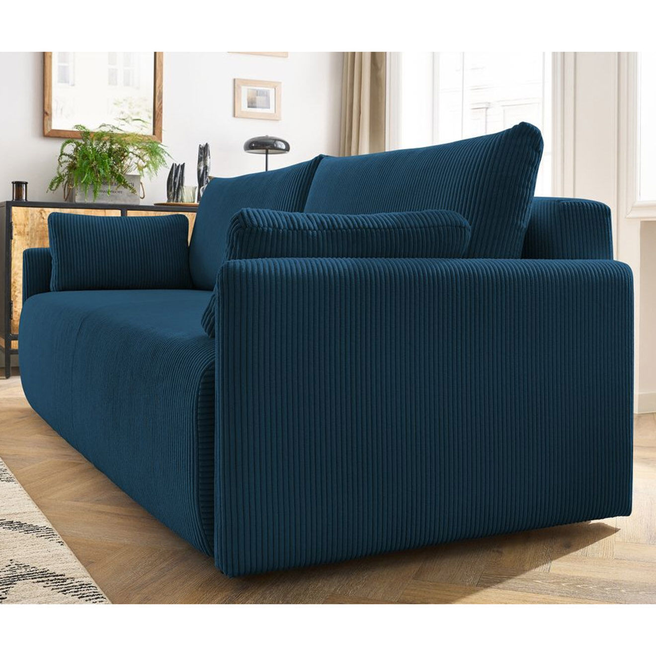 Bobochic Canapé convertible coffre marcel velours côtelé bleu foncé  - 211x100x86 cm