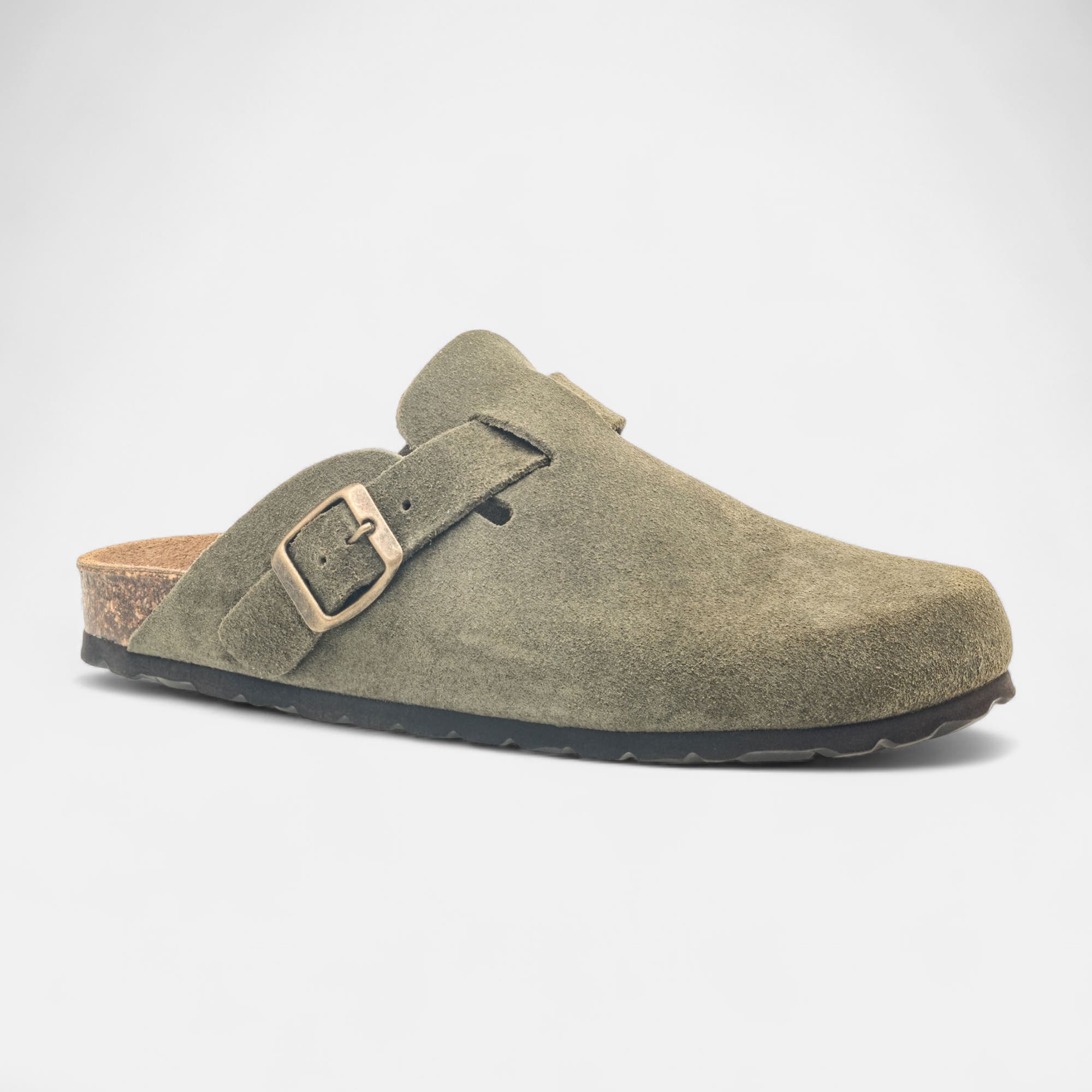 Mules semelle liège Garçon en cuir kaki