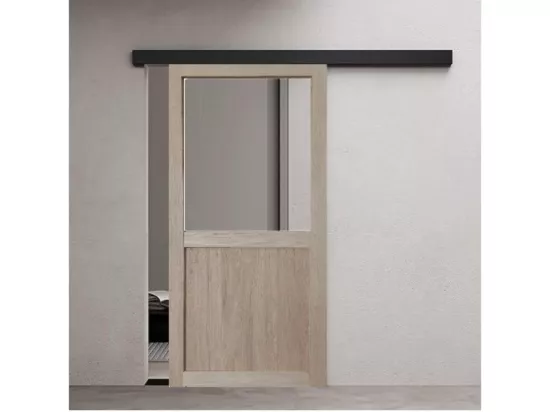 Porte Coulissante Atelier Placage Chene Vitrée H204 X L83 + Rail Alu Bandeau Noir Gd Menuiseries