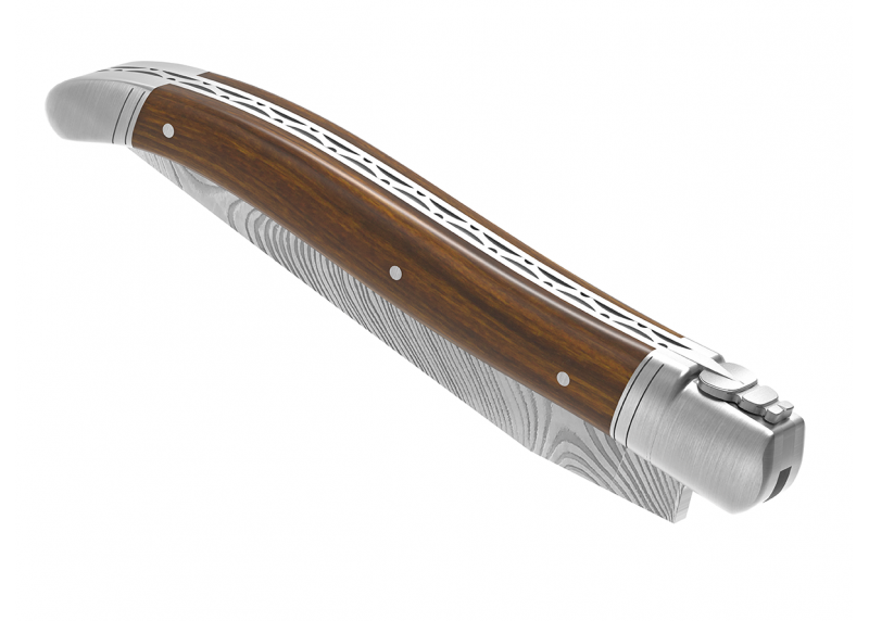 Couteau Laguiole collection damas avec un manche en bois de gaïac et 2 mitres en acier inoxydable