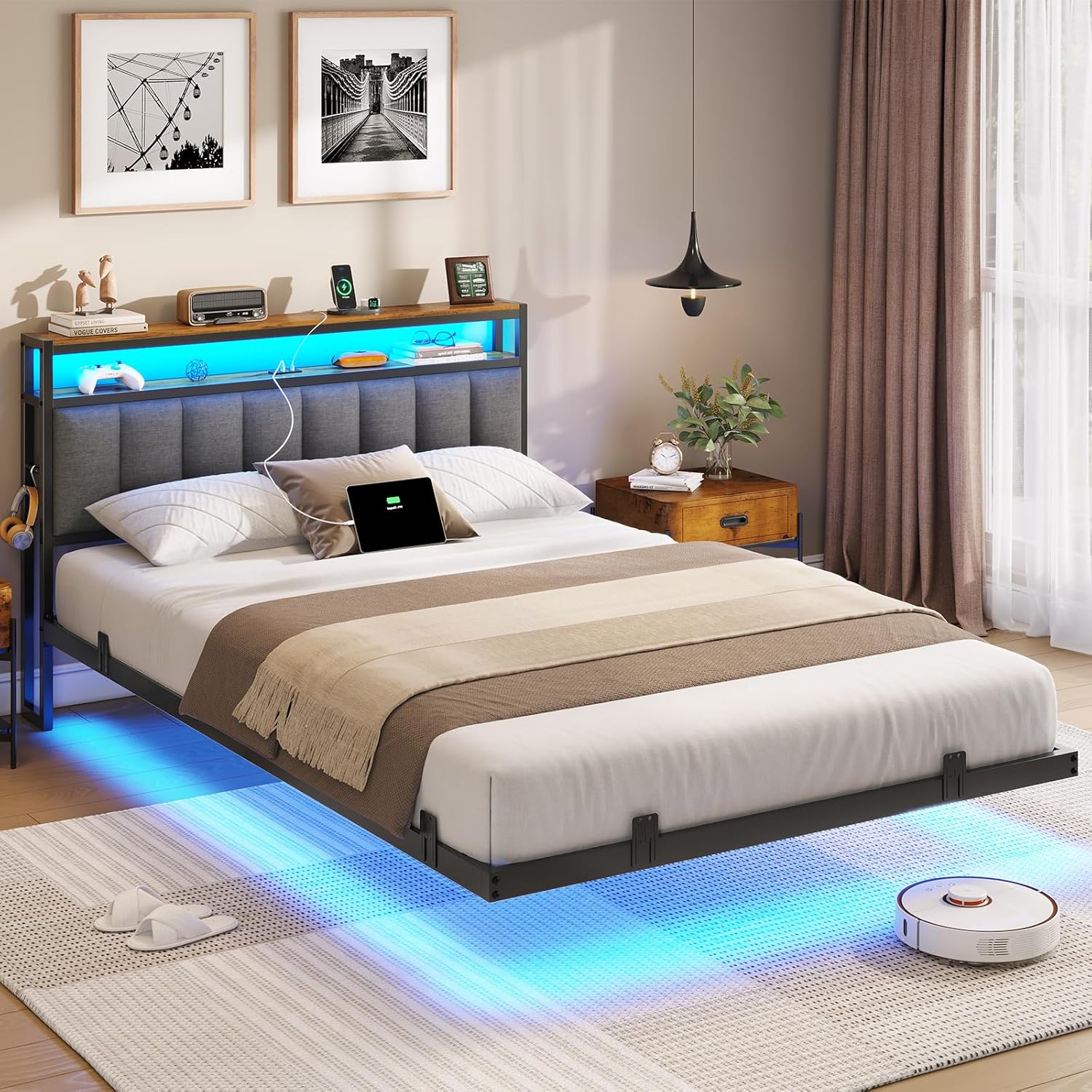AOGLLATI Polsterbett 140x200 CM mit Ladestation & LED-Beleuchtung,Doppelbettgestell mit Stauraum Kopfteil & Lattenrost, Schwebender visueller Effekt,Modern Bettgestell Leinen, Ohne Matratze,Dunkelgrau