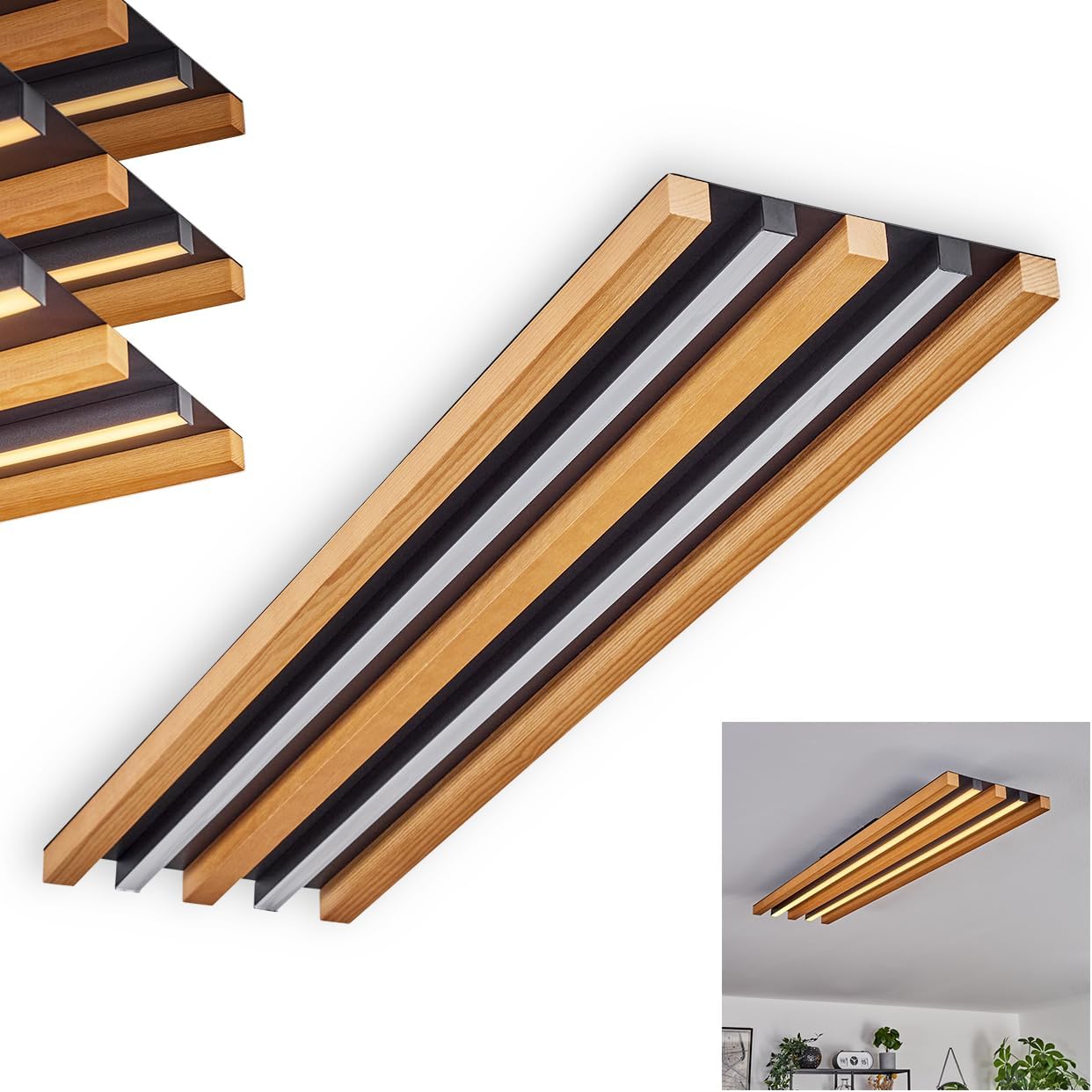 LED Deckenleuchte Favorina, dimmbare Deckenlampe aus Metall/Holz/Kunststoff in Schwarz/Natur/Weiß, 30 Watt, 3400 Lumen, 3000 Kelvin, Länge 81 cm, dimmbar über Lichtschalter