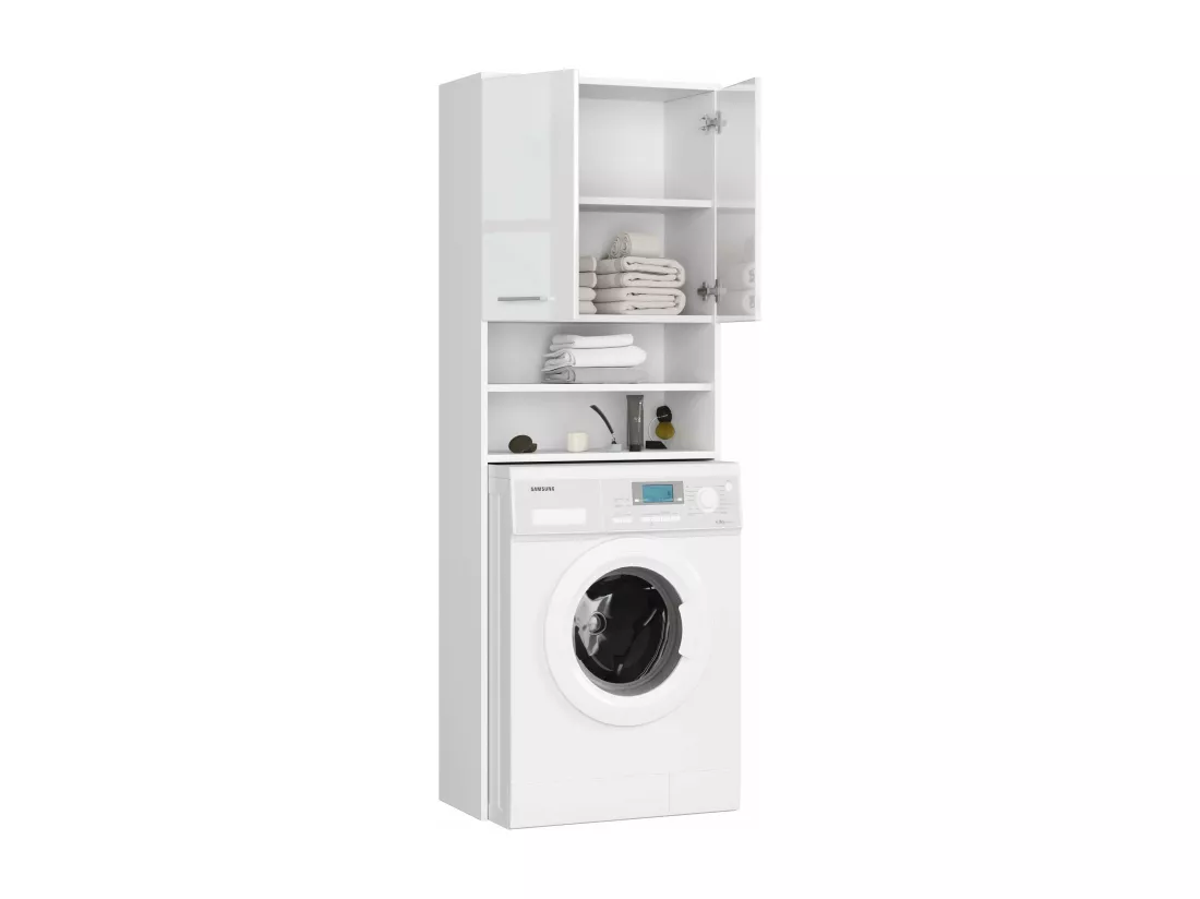 meuble machine a laver 2 portes façade blanc brillant 4 étagères 64x30x180 cm