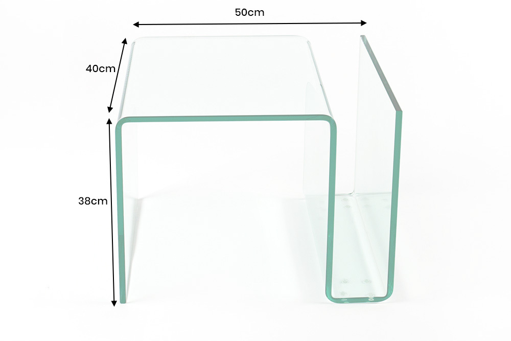 Extravaganter Glas Couchtisch FANTOME 50cm Beistelltisch mit Ablage für Magazine transparent