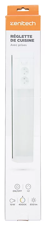Réglette sous meuble avec prises LED intégrée blanc neutre IP20 850lm 3680W L.8xl.8,5xH.50cm Zenitech