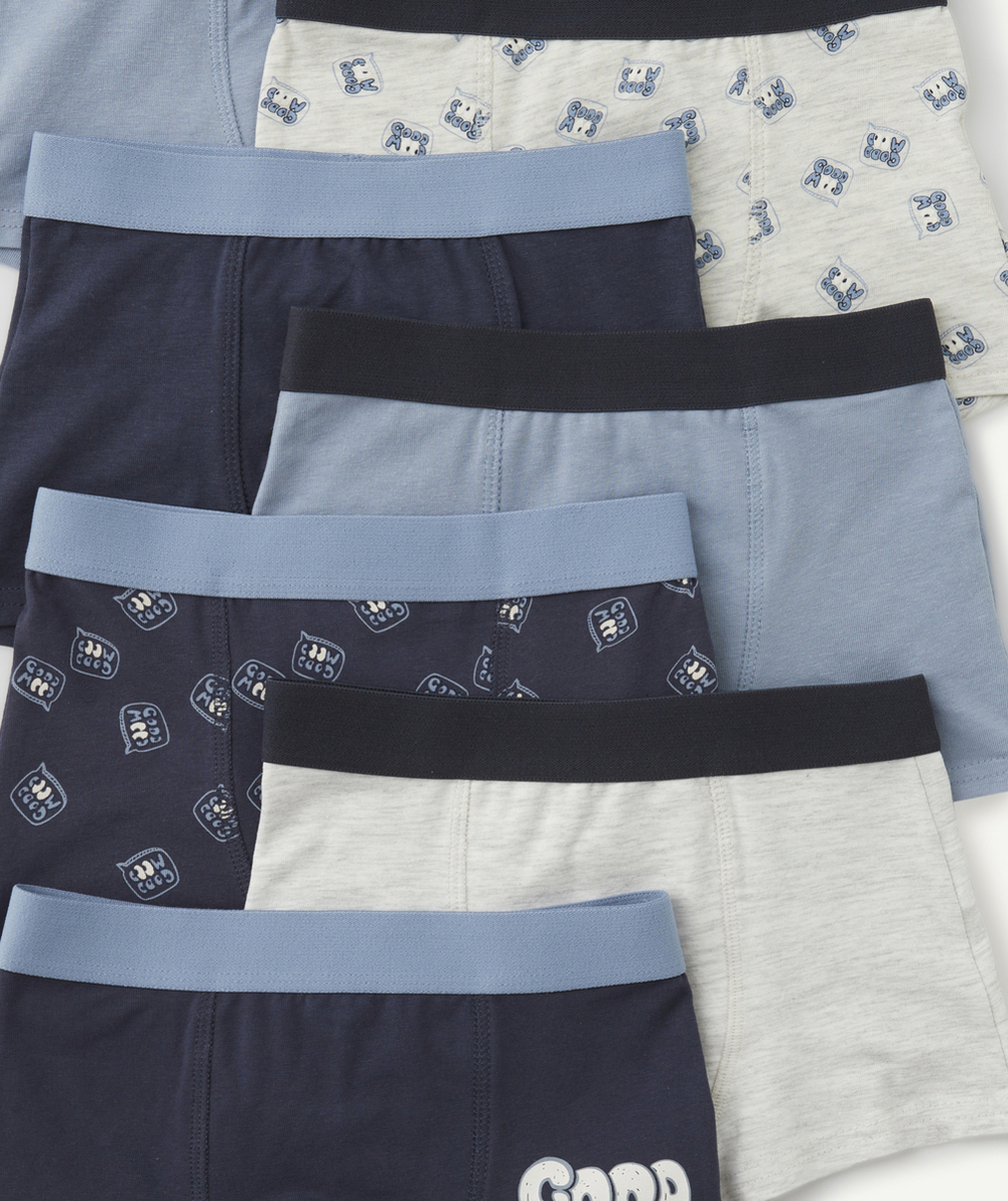 LOT DE 7 BOXERS GARÇON EN COTON BIO BLEUS IMPRIMÉS ET UNIS