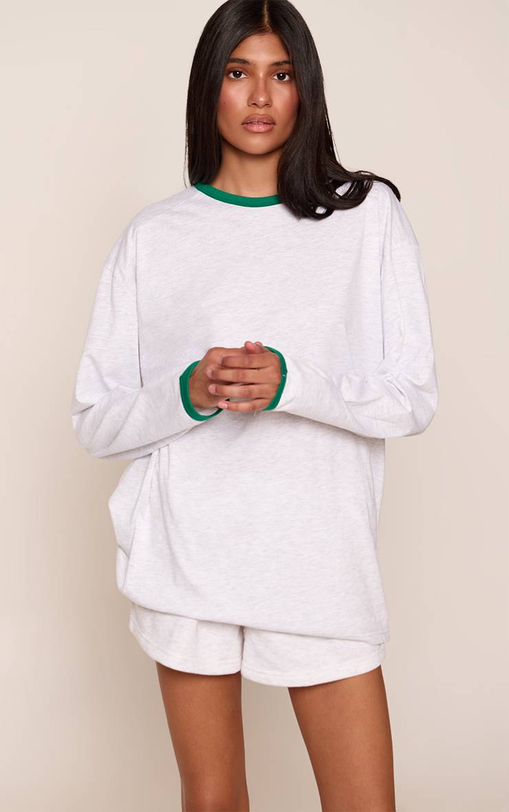 Gris Cendré T-shirt Oversize Manches Longues En Coton Avec Poignets Contrastés