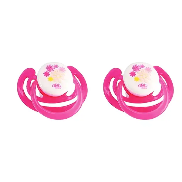 Chupeta de silicone fisiológica dBb Remond com flores translúcidas rosa e roxas, para bebês a partir de 1 ano, pacote com 2 unidades.