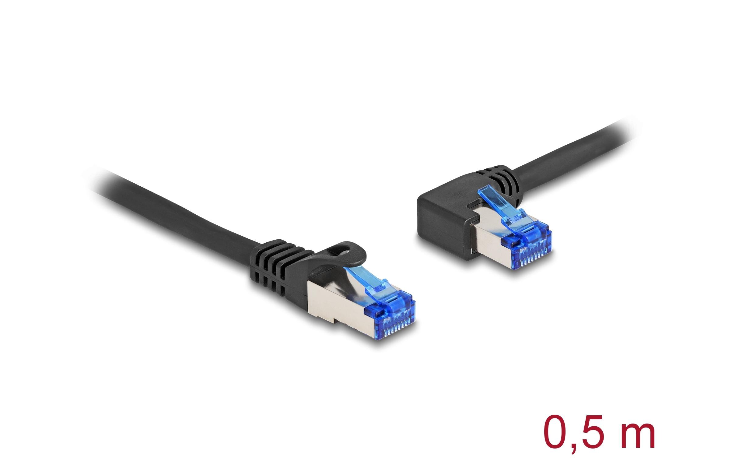 Patchkabel links gewinkelt Cat 6A, S/FTP, 0.5 m, SchwarzDelock RJ45 Netzwerkkabel Cat.6A S/FTP gerade / links gewinkelt 0.5 m schwarz