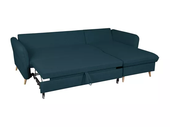 Canapé d'angle convertible réversible avec coffre 3-4 places en tissu bleu océan et bois clair DRISS
