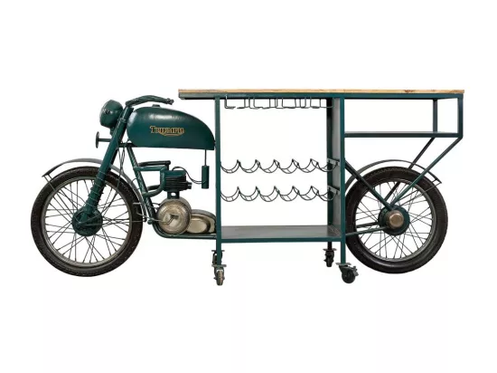 Barre porte-bouteilles moto en bois et métal bleu 210x45x100h