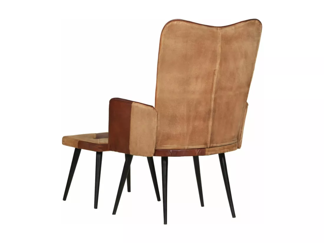 Fauteuil avec repose-pieds Marron Cuir véritable et toile