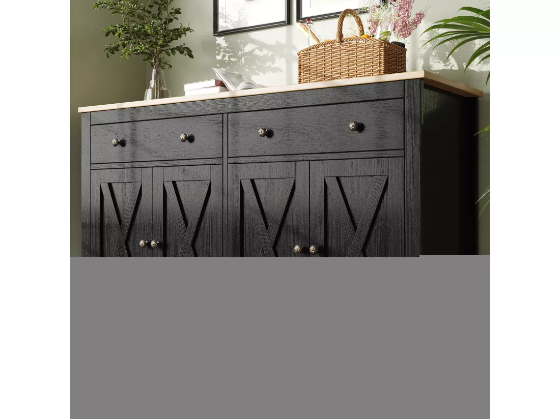 Buffet de cuisine avec 2 tiroirs et 4 portes - 140 x 40 x 89 cm - Bois MDF - Noir + naturel