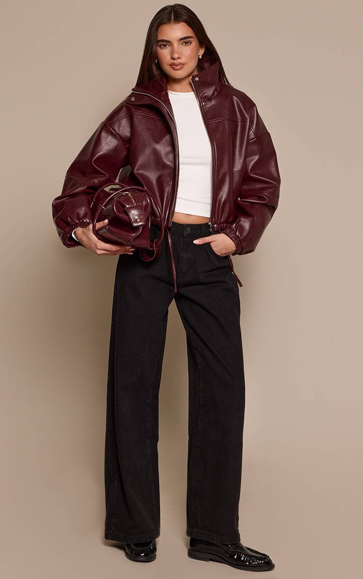 Rouge Bordeaux Veste Col Montant En Synthétiquecuir À Ourlet Bouffant