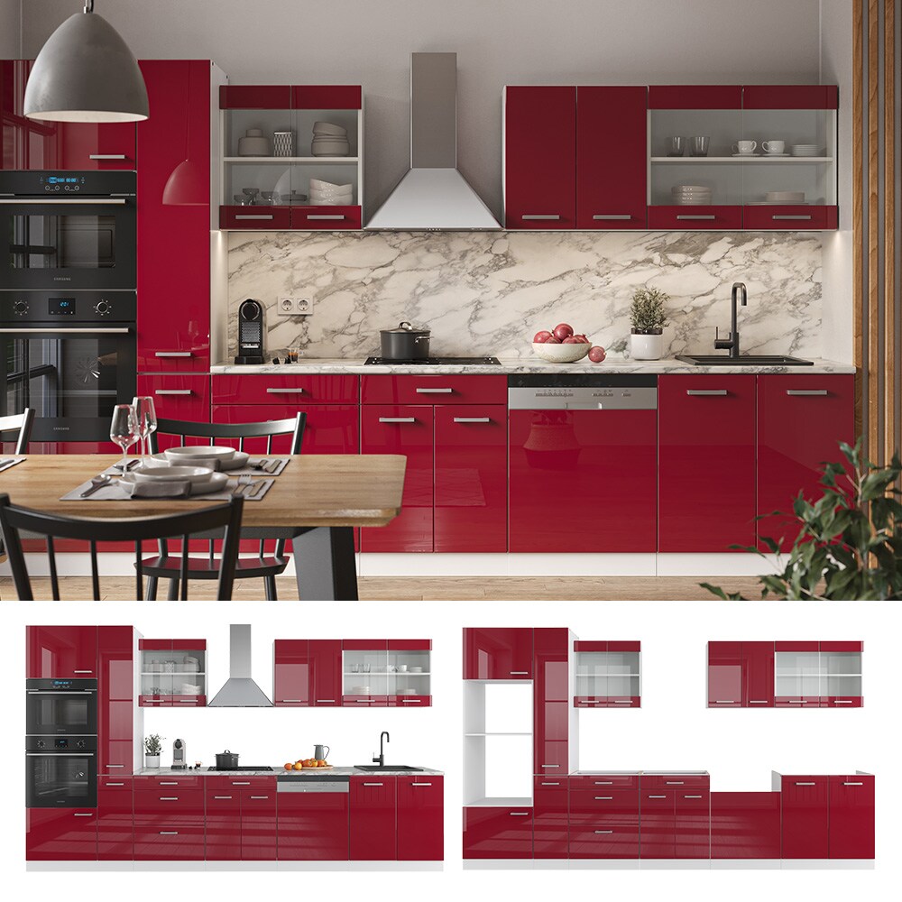 Vicco Küchenzeile Küchenblock Einbauküche R-Line 350 cm Weiß Bordeaux Hochglanz