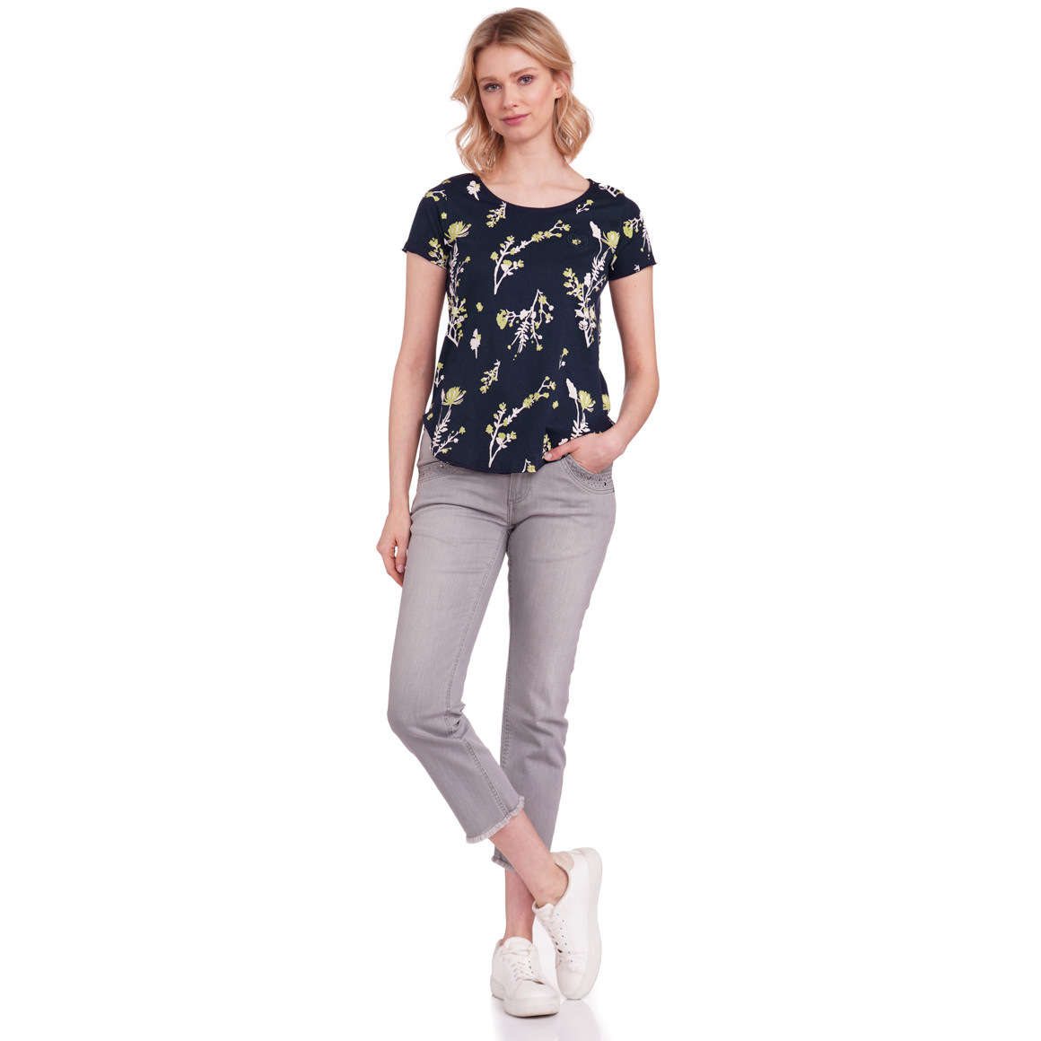 Gina Damen T-Shirt mit Blumen-Allover dunkelblau