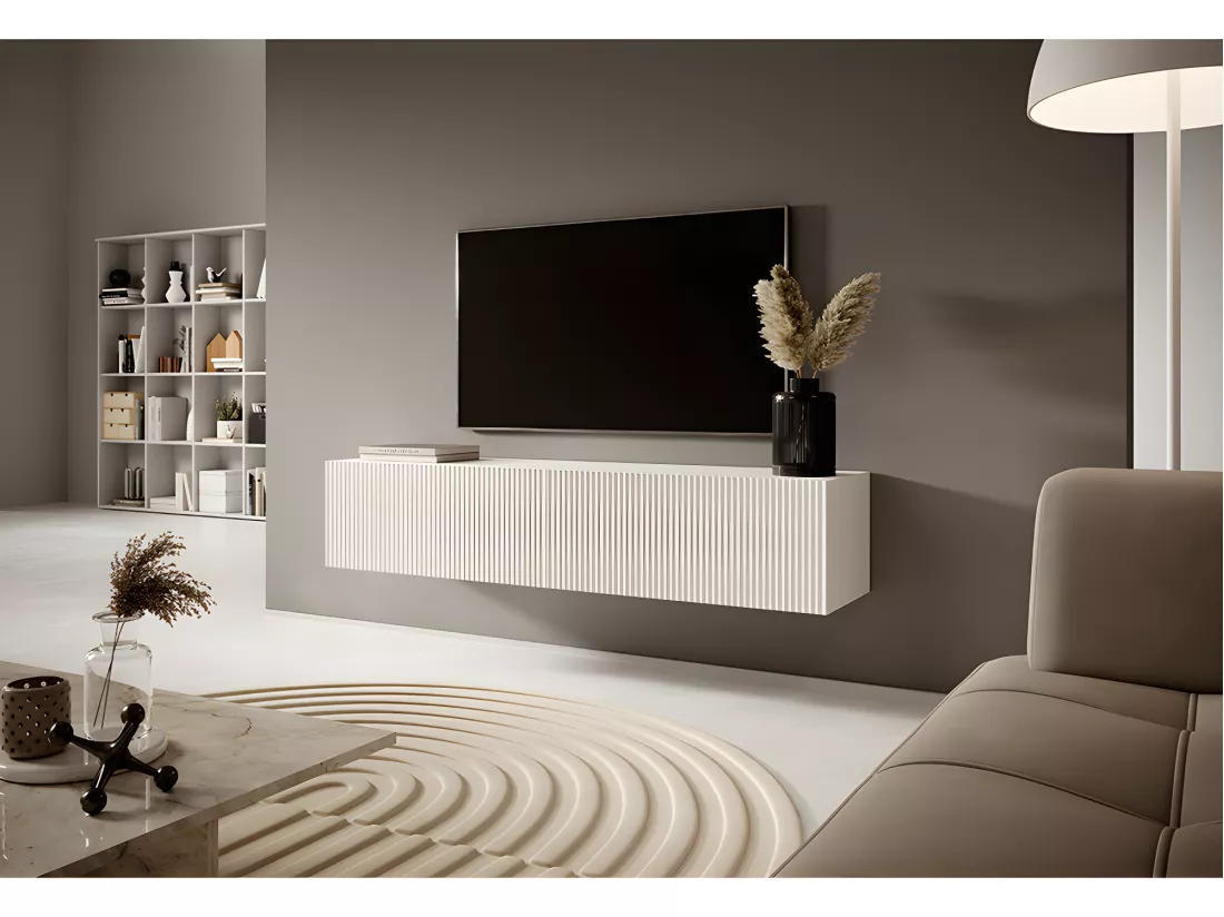 Meuble TV 140 cm blanc avec façade fraisée - VELDIO