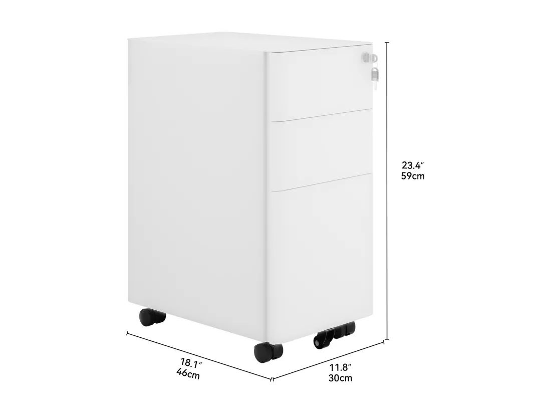 Caisson Bureau avec 3 Tiroirs - Métal Caisson de Rangement avec roulettes - Blanc - 46 x 30 x 59cm
