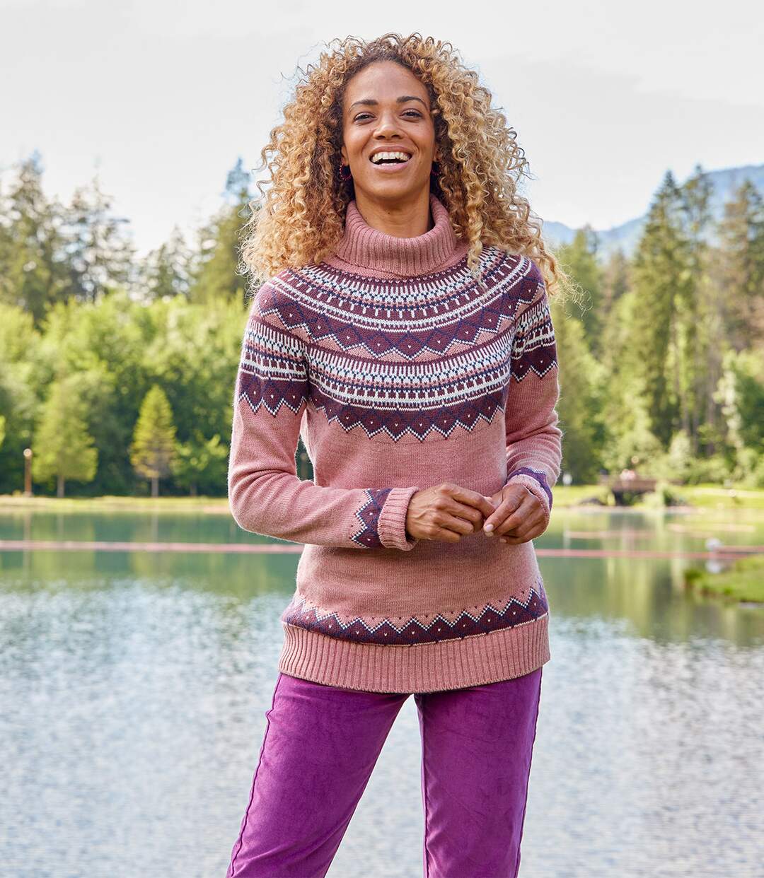 Pull Tricot à Col Roulé Motifs Jacquard