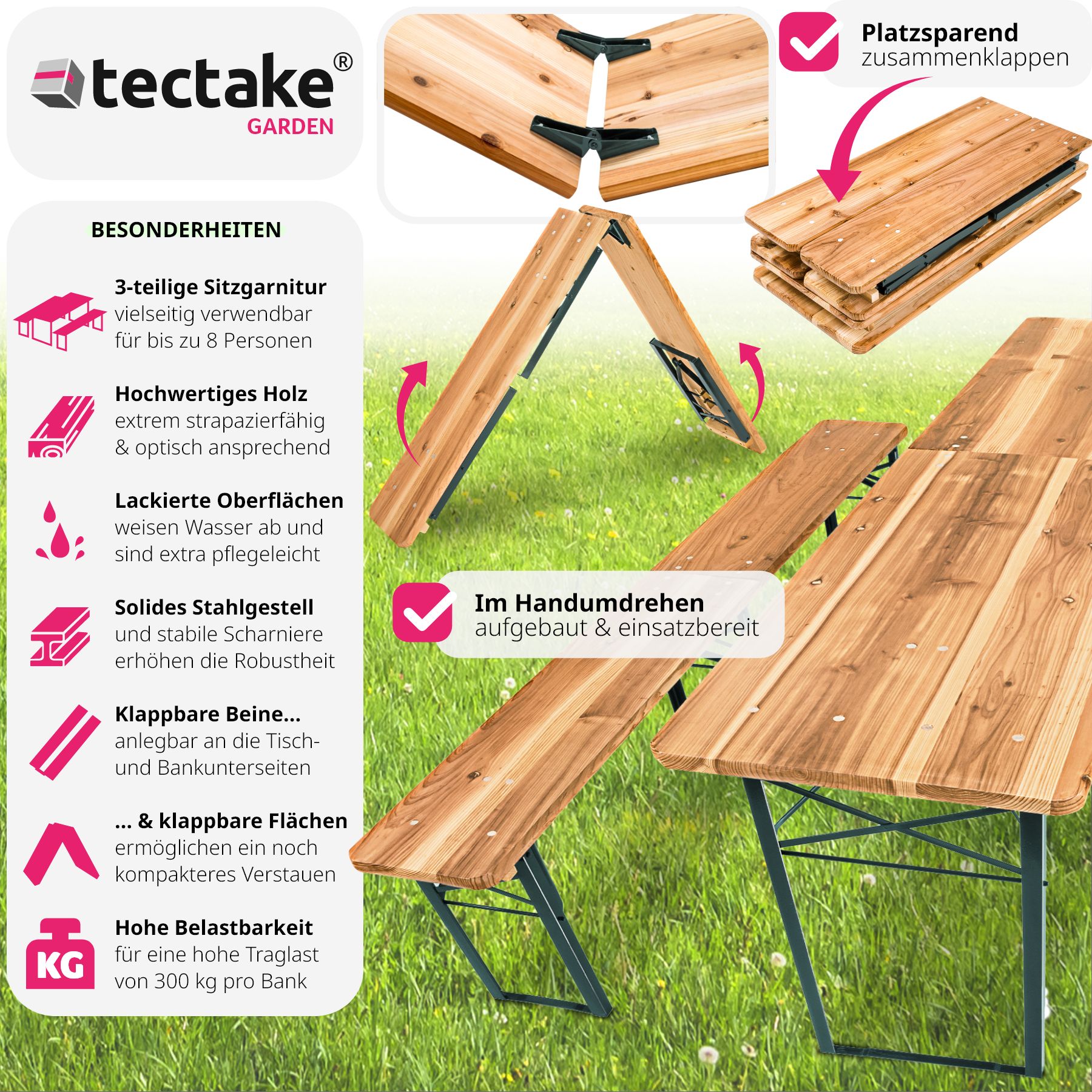 tectake® Bierzeltgarnitur, 3-teilig, belastbar, Holzlackierung mit Klarlack