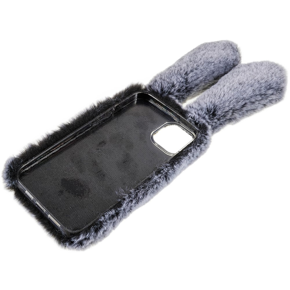 iPhone 14 3D Gummi Plüsch Case Hülle Bunny mit Flauschigen Hasenohren - Grau