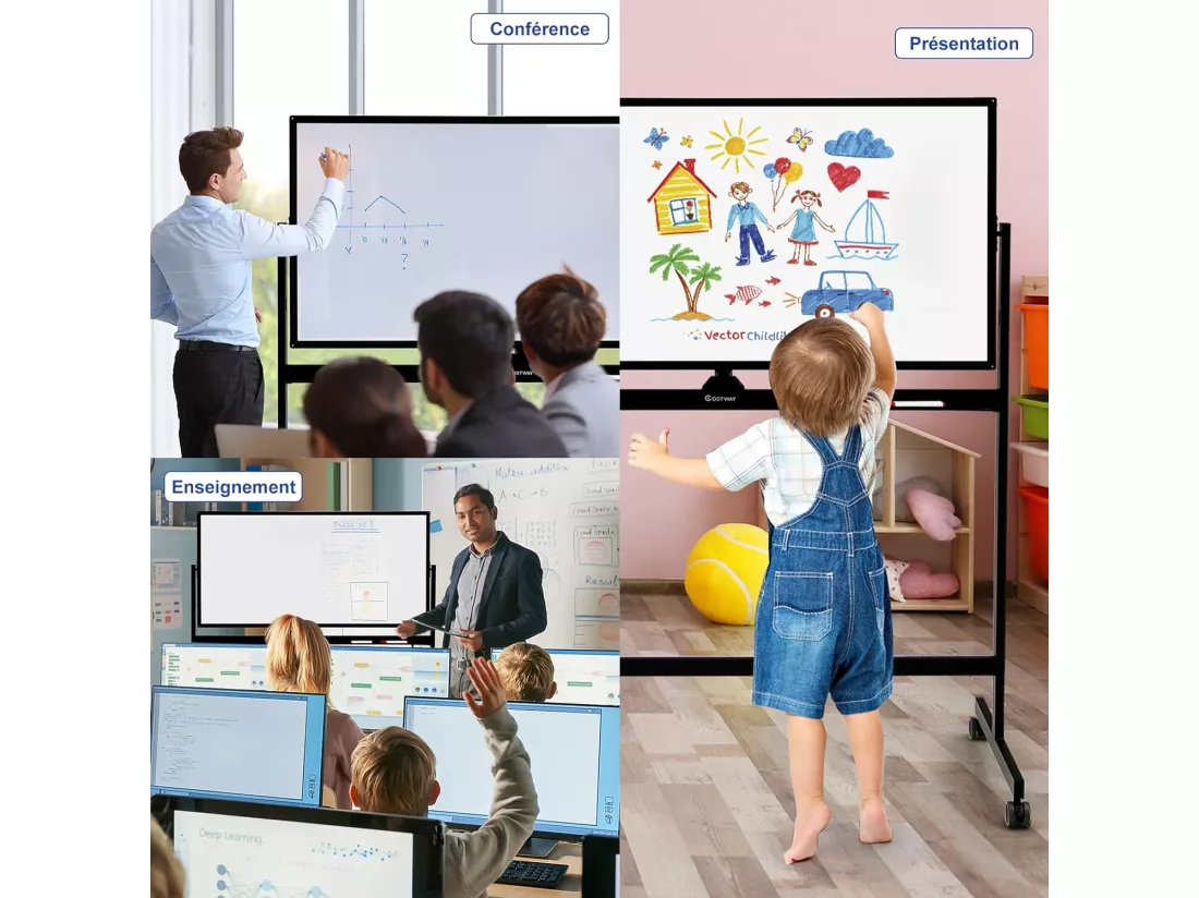 Tableau Blanc Magnétique 120x60cm Double Face Réversible 360° Mobile 2 Hauteur Effaçable à Sec 12 Aimants 6 Marqueurs Noir