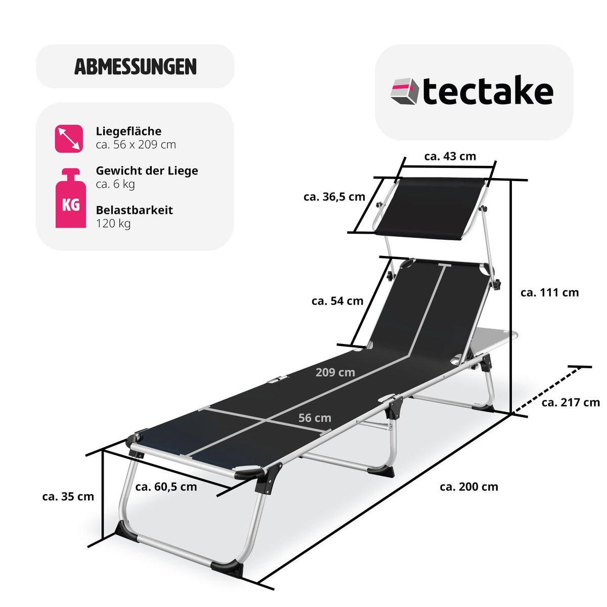 tectake Aurelie opvouwbare ligstoel 217 x 60,5 x 72 cm