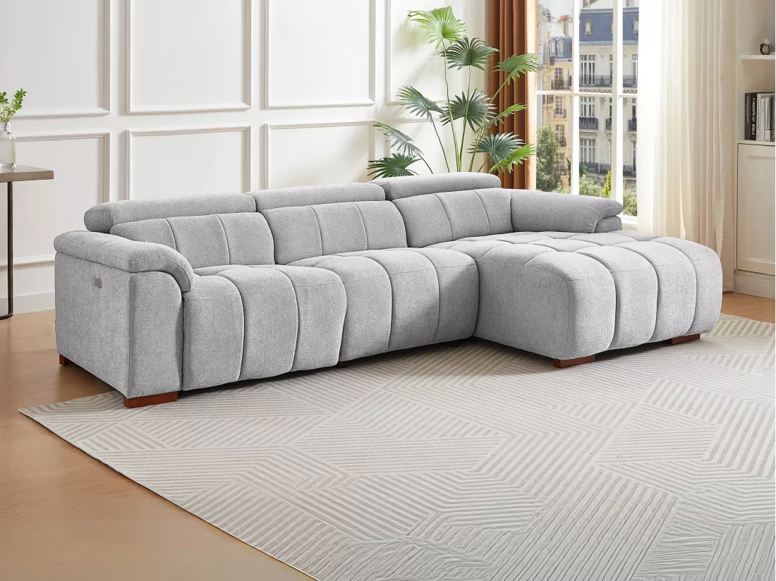 Canapé d'angle droit relax électrique en tissu gris clair MOLPICA