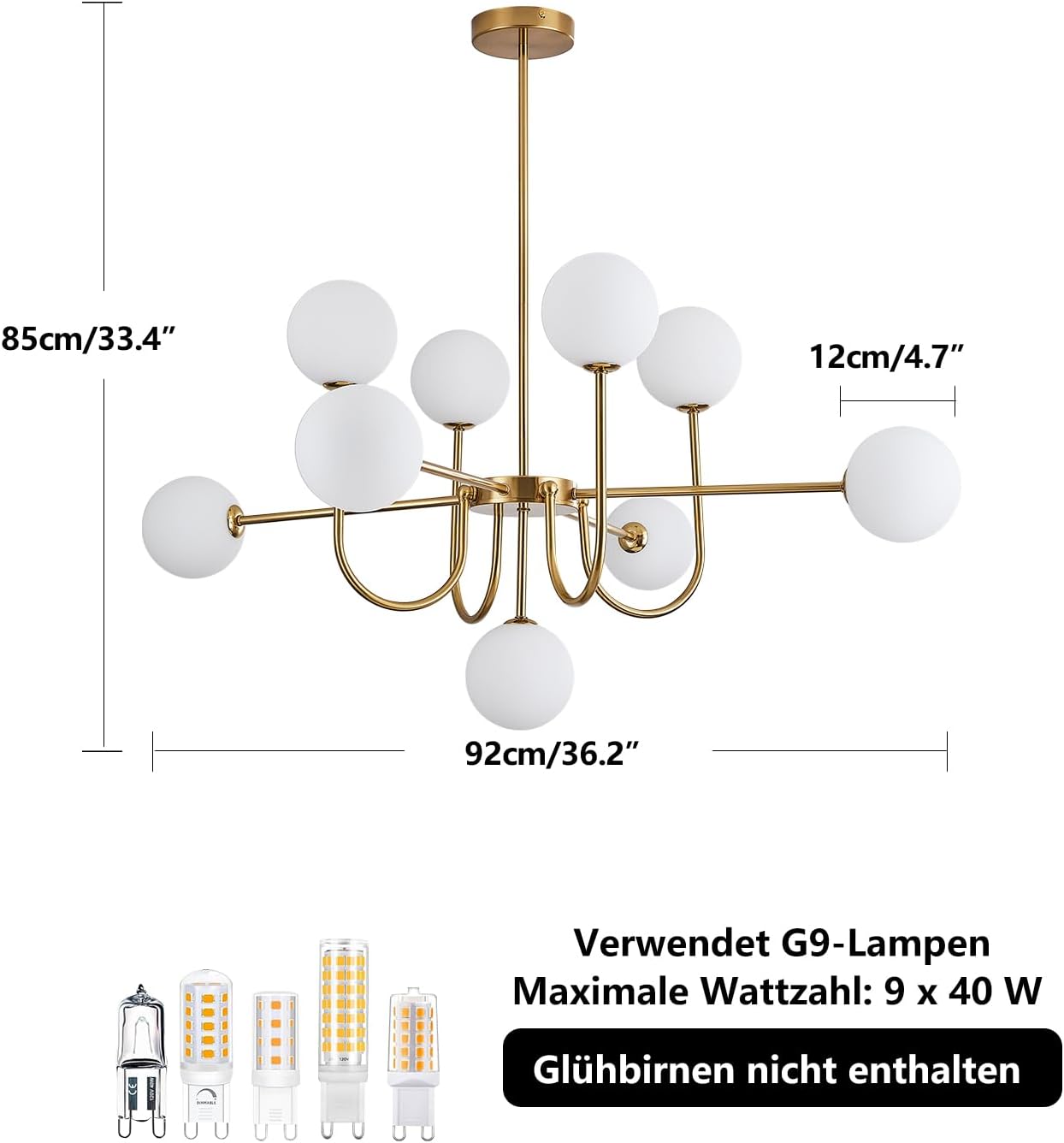 Moderne Sputnik Kronleuchter mit 9 weißen Glaskugeln, Gold Deckenleuchte, Vintage Pendelleuchte, halb eingebaute Deckenlampe für Wohnzimmer Schlafzimmer Küche und Esszimmer