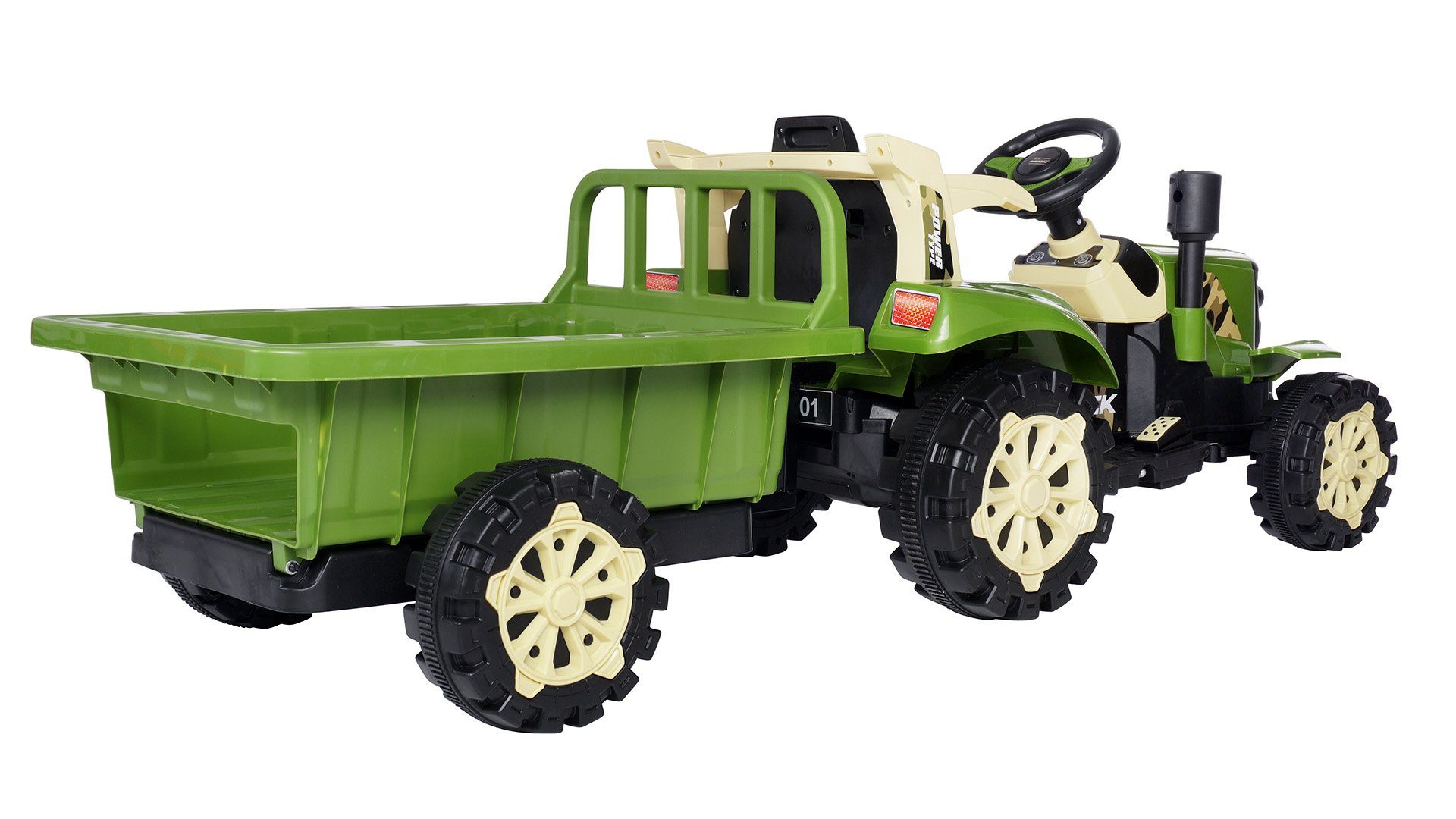 Trator elétrico infantil Actionbikes Motors com reboque, controle remoto incluso, capacidade de carga de 30 kg (2 partes), carga útil de 30 kg - freio automático - 2 motores de 6 V - a partir de 3 anos