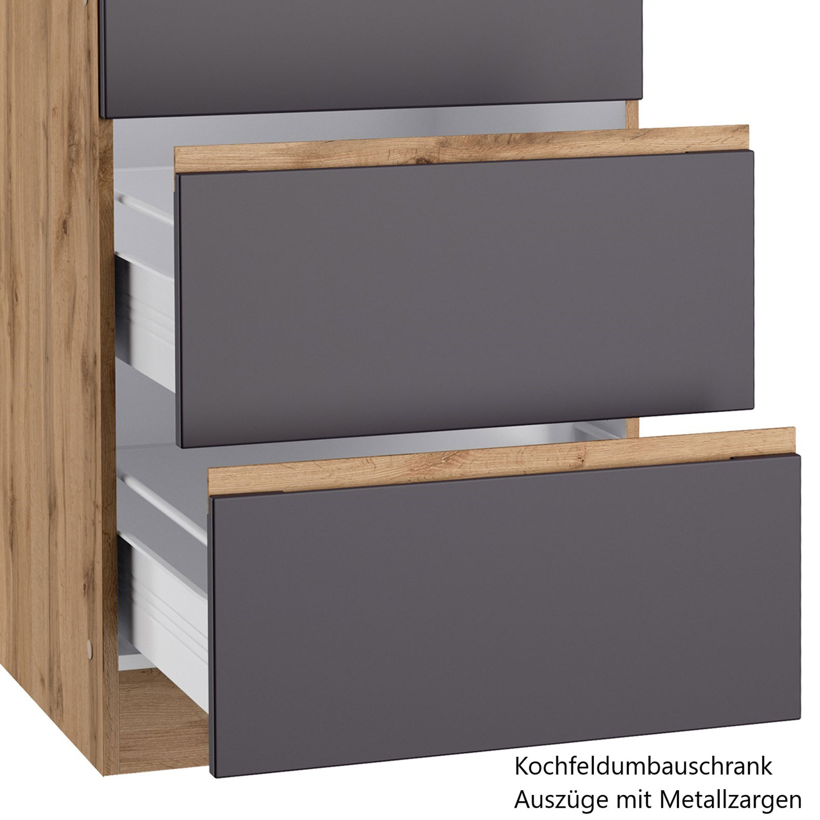 Küchenblock TURIN - matt grau-Wotan Eiche - mit E-Geräten - Induktionskochfeld - 300 cm