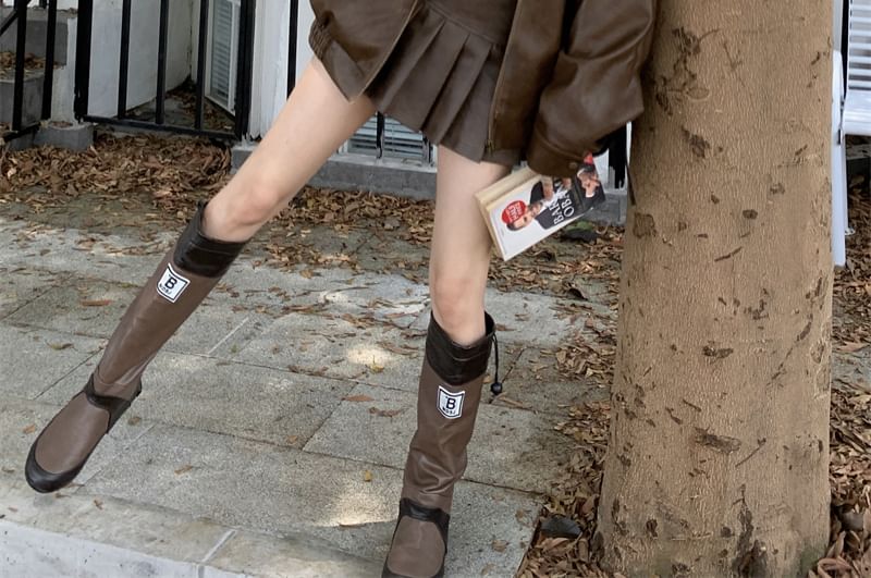 Moon City - Effen imitatieleren ritsjack / Hoge taille geplooide mini A-lijn rok