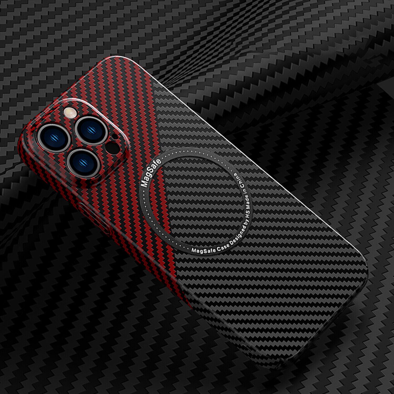iPhone 13 Pro MagSafe Hardcase Hülle im Carbon Look - Schwarz / Rot